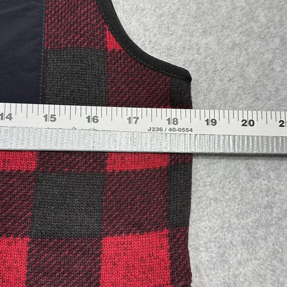 LL Bean Sweater Fleece Long Vest Womens Small Red Buffalo Plaid Full Zip Pockets